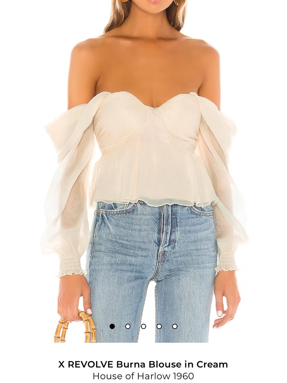 House of Harlow 1960 Cream Off-Shoulder Sheer Puff-Sleeve Blouse